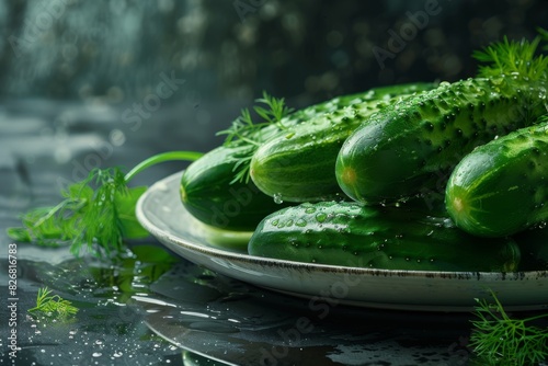 A plate of fresh cucumbers sprinkled with dill on a wooden table