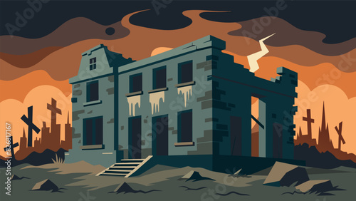 A photograph of a dilapidated building with haunting phrases scrawled across the cracked walls evoking a sense of melancholy and nostalgia.. Vector illustration