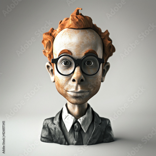 3d cartoon of a burned out worker, nerdy man with glasses and red hair wearing gray suit for character design and animation photo
