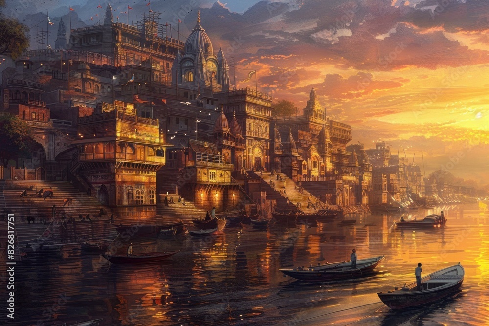 Naklejka premium Digital art of a tranquil sunset over a culturally rich riverside town in the east