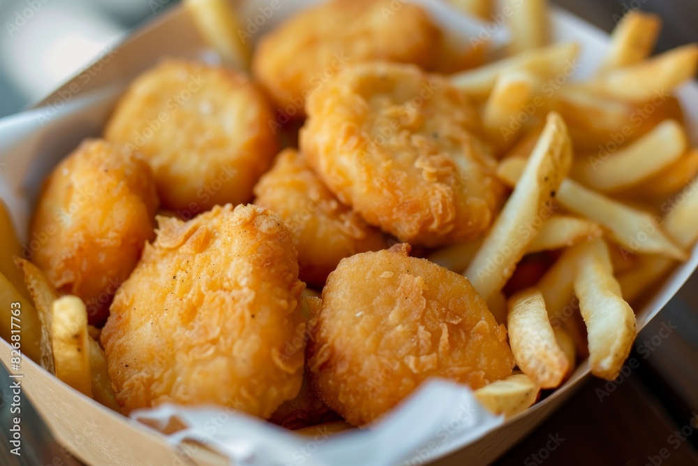 Chicken nuggets and fries in a paper box Chicken nuggets and fries in a paper box