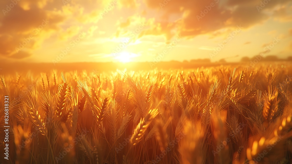 Fresh view of a field of wheat under a golden sky