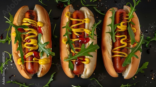 Three hot dogs with mustard, mayonnaise and arugula