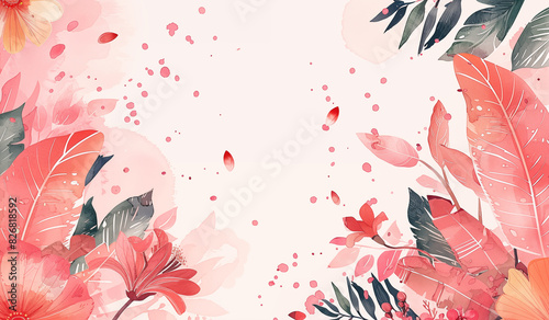 Fototapeta Naklejka Na Ścianę i Meble -  Flower watercolor art background. Wallpaper design with floral paint leaves and feathers. Design for cover, wall art, invitation, fabric, poster, canvas print, Wedding decoration, greeting card,