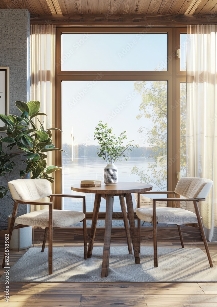 A mid-century modern lounge with a log table, two white chairs and an armchair in the center of the room, floor-to-ceiling Windows overlooking the cityscape, minimalist, dark green walls, neutral hues A mid-century modern lounge with a log table, two white chairs and an armchair in the center of the room, floor-to-ceiling Windows overlooking the cityscape, minimalist, dark green walls, neutral hues