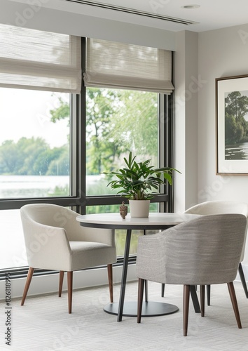 A mid-century modern lounge with a log table  two white chairs and an armchair in the center of the room  floor-to-ceiling Windows overlooking the cityscape  minimalist  dark green walls  neutral hues