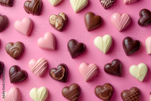 Assorted heart-shaped chocolates on a pink background.
