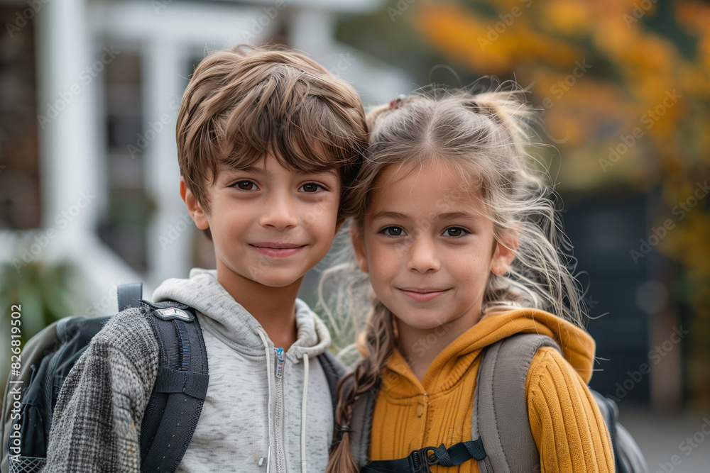 Happy White Siblings With Backpacks Ready for Back to School or Hike Happy White Siblings With Backpacks Ready for Back to School or Hike