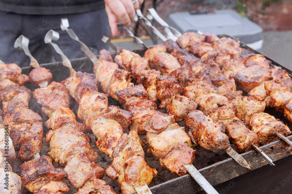 BBQ grill is used to grill pork skewers over charcoal