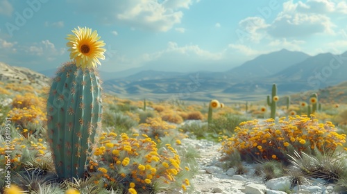 Fresh view of a desert landscape with blooming cacti