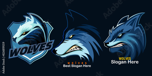  wolves mascot esport logo design, fox head emblem. vector illustration, collection of wolf emblems, logos, icons of a howling, roaring wolf.  A dangerous beast, a wild predator, a forest dweller.
