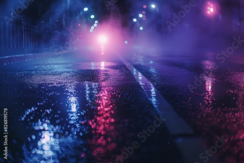 Neon lights and smoke on wet street