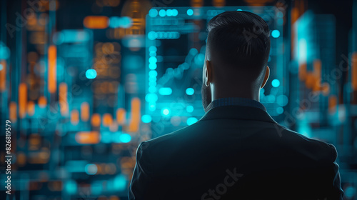 A man with stock market background. Futuristic background.