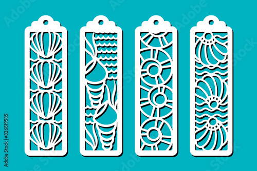 Set of vertical bookmarks with seashells pattern. Laser cut template. Decorative bookmark stencil for paper, wood and metal cutting. Underwater abstract vector design