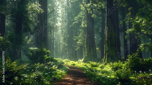 Fresh view of a dense forest with towering redwoods photo