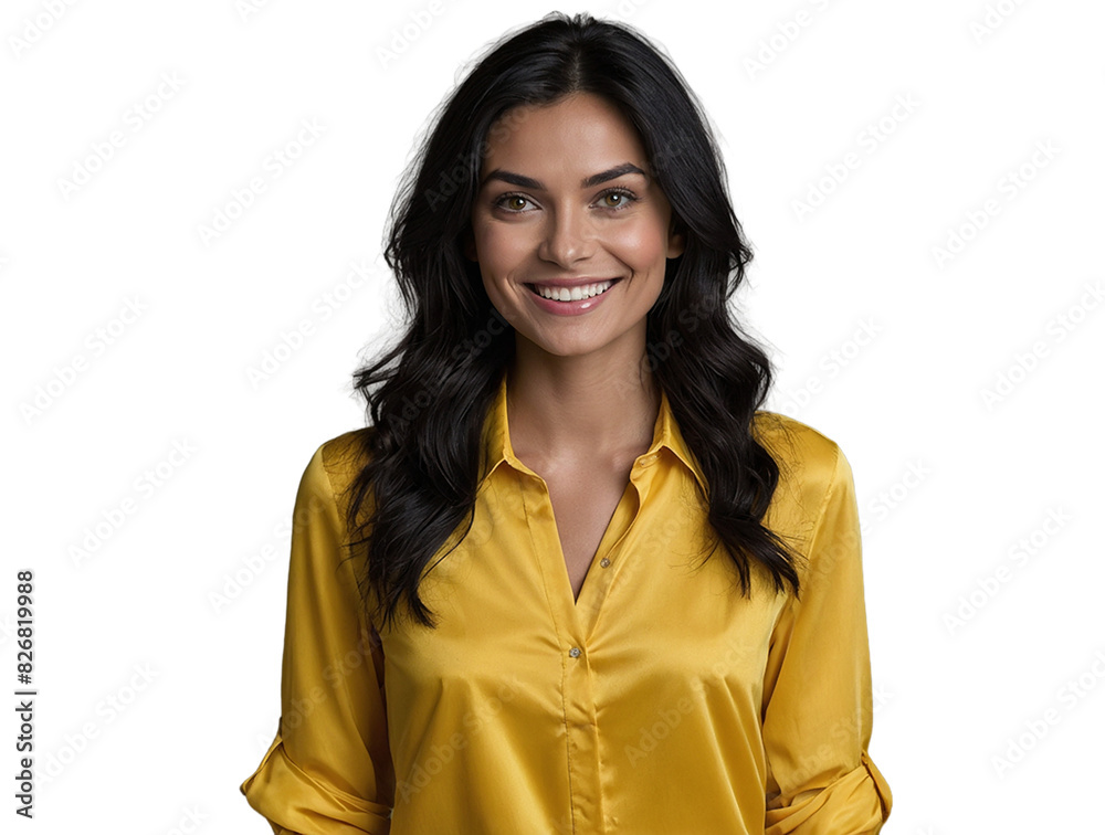 Studio portrait of a smiling woman with black hair and bright eyes without background Studio portrait of a smiling woman with black hair and bright eyes without background