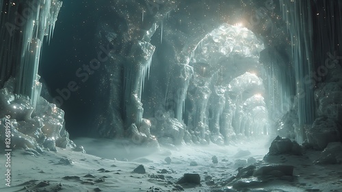 crystalline alien with lightreflecting abilities on an ice planet with glittering ice caves and reflective surfaces photo