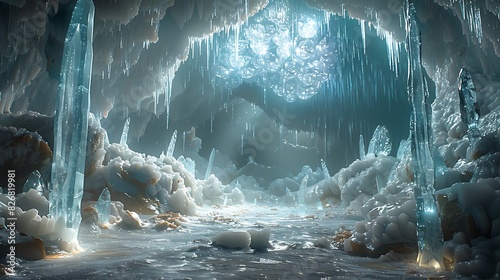 crystalline alien with lightreflecting abilities on an ice planet with glittering ice caves and reflective surfaces photo