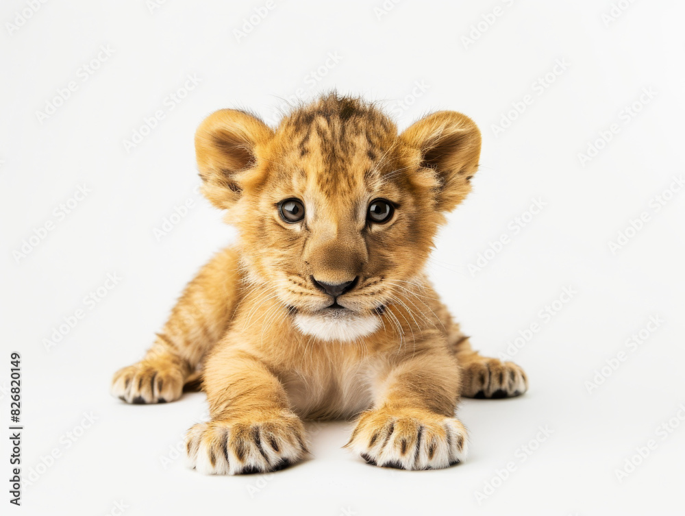Adorable baby lion cub lying on a white background Adorable baby lion cub lying on a white background