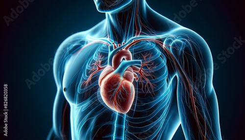 Medical Illustration of Human Body with Heart Disease. Detailed medical illustration showing the human body with highlighted cardiovascular system affected by heart disease.