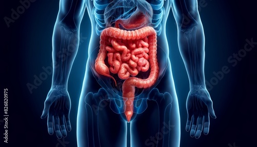 Medical Illustration of Human Digestive System Highlighting Constipation. Detailed medical illustration of the human digestive system focusing on constipation, showing the large intestine and rectum