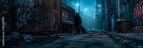 Dark Urban Alleyway at Night with Mysterious Hooded Figure, Flickering Streetlamp, and Eerie Atmosphere of Suspense and Danger photo