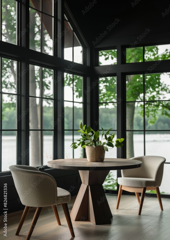 Fototapeta premium t's a minimalist modern restaurant with high ceilings and large Windows overlooking Green Lake. Lifestyle photography shows dark gray walls, a log table in the middle, white armchairs, plants in the c