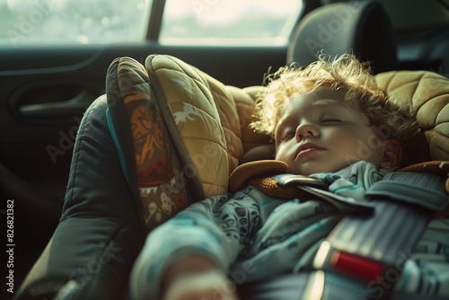 Child sleeping in car seat inside the car. Kid is left alone in car on a hot summer day. Negligence, irresponsibility, overheating concept photo