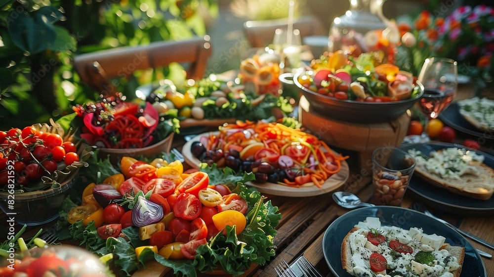 Scrumptious and colorful vegan dishes presented on a sunlit outdoor dining table