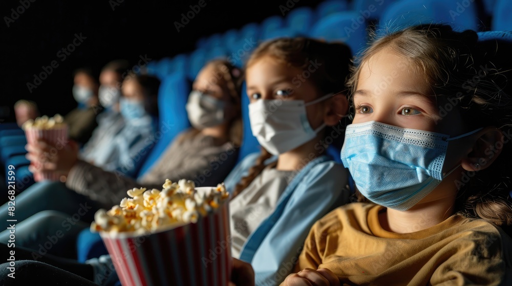 Obraz premium Family with a child wearing masks enjoys popcorn while watching a film at the movie theater