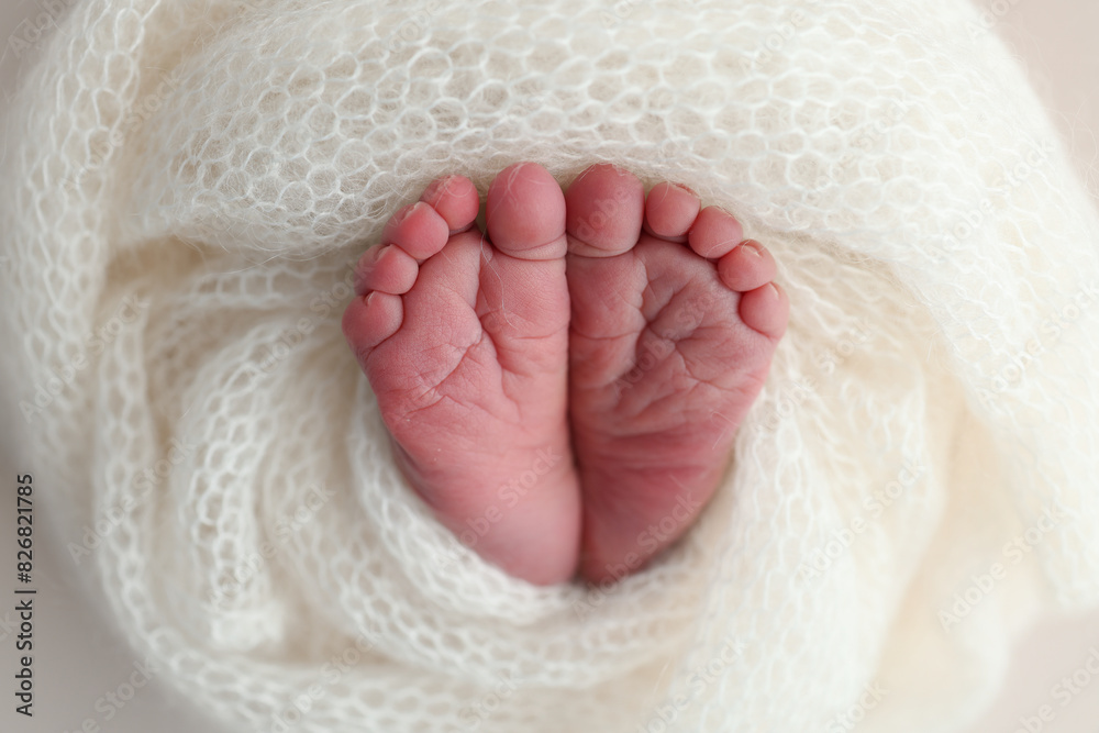 The tiny foot of a newborn baby. Soft feet of a new born in a wool white blanket. Close up of toes, heels and feet of a newborn. Macro photography. The tiny foot of a newborn baby. Soft feet of a new born in a wool white blanket. Close up of toes, heels and feet of a newborn. Macro photography.