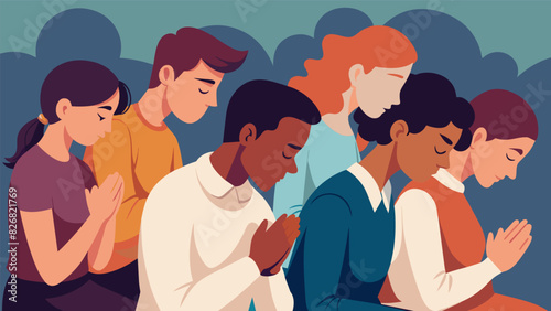 A group of young adults sat in the back their heads bowed in silent prayer their faces painted with a mix of contemplation and devotion.. Vector illustration