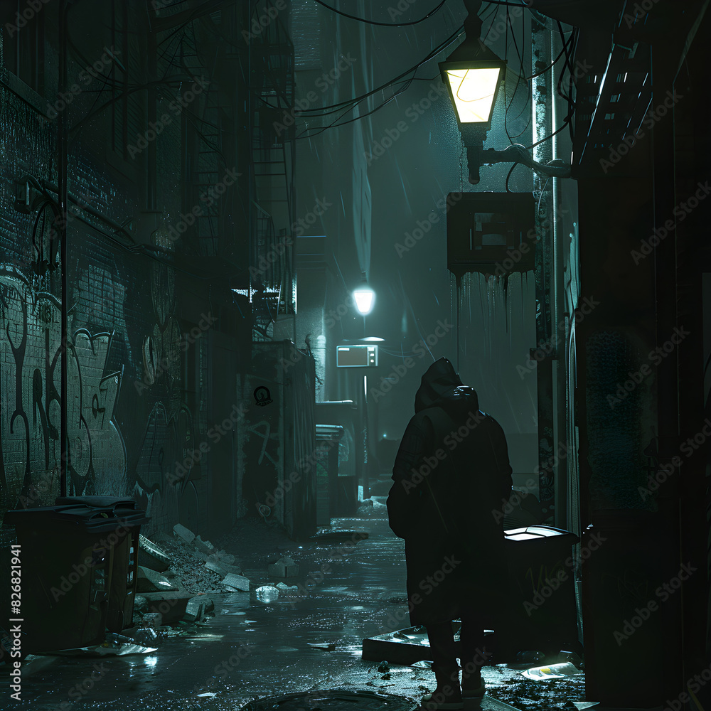 Dark Urban Alleyway at Night with Mysterious Hooded Figure, Flickering Streetlamp, and Eerie Atmosphere of Suspense and Danger