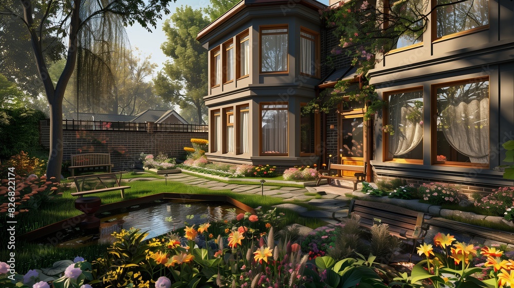 Obraz premium : A beautiful suburban home with a split-level design, featuring large bay windows and a brick facade. The garden is full of vibrant flowers, a small pond, and a wooden bench under a shady tree.