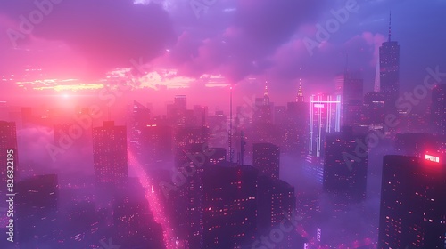 Fresh view of a city skyline at dusk with a colorful sky © Be Naturally