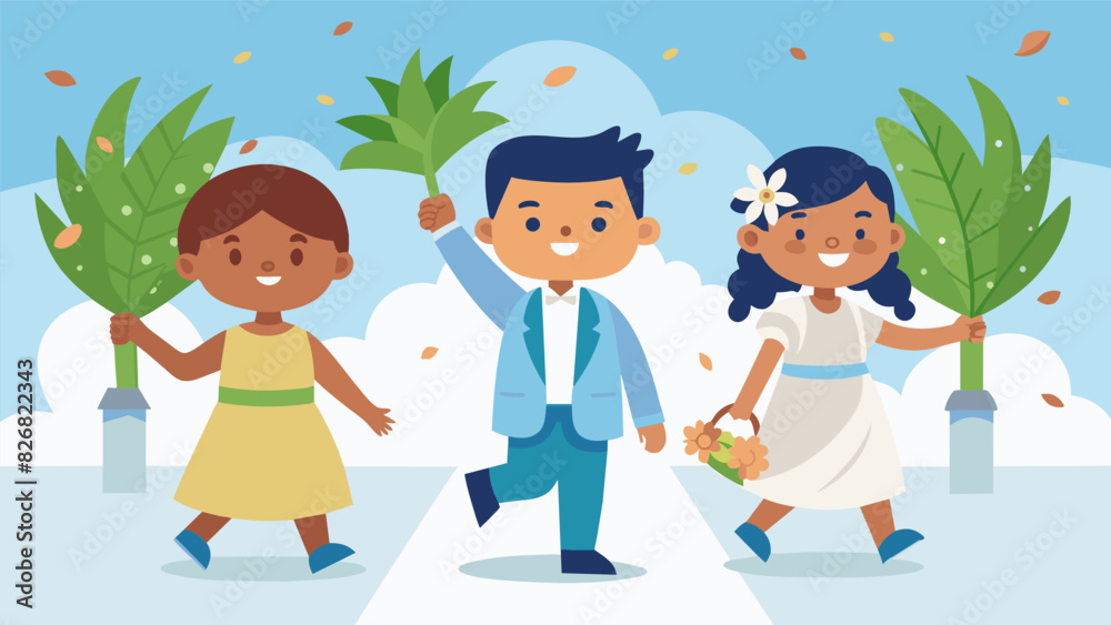 The sound of childrens laughter fills the air as they march down the aisle proudly waving their palm branches.. Vector illustration The sound of childrens laughter fills the air as they march down the aisle proudly waving their palm branches.. Vector illustration