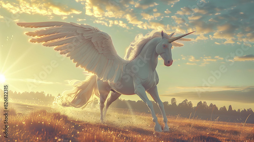 Mythical creature unicorn. Gorgeous Pegasus with huge wings and a horn in flight. Painted powerful unicorn in all its glory. A horse created in ai. photo