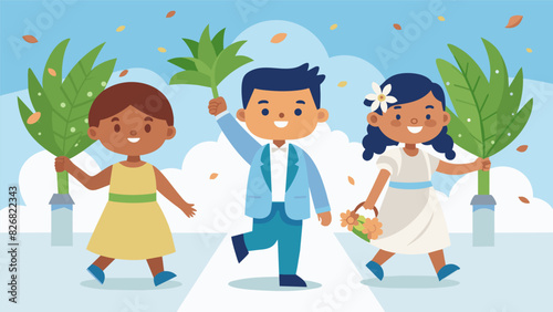 The sound of childrens laughter fills the air as they march down the aisle proudly waving their palm branches.. Vector illustration