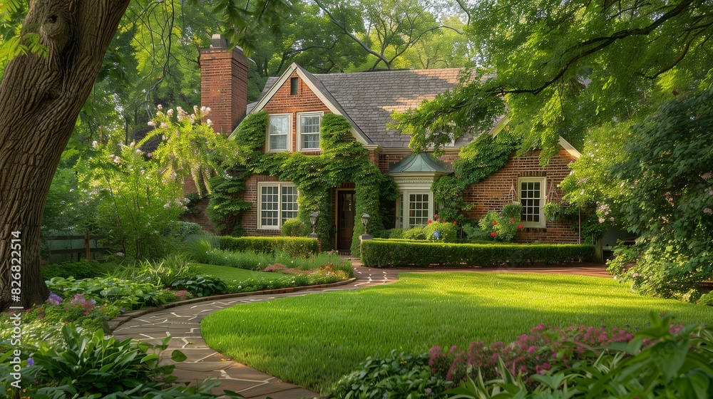 : A charming brick suburban house with ivy climbing up the walls and a vibrant garden in full bloom. The front yard is shaded by a large oak tree, and a stone path winds its way to the front door. : A charming brick suburban house with ivy climbing up the walls and a vibrant garden in full bloom. The front yard is shaded by a large oak tree, and a stone path winds its way to the front door.