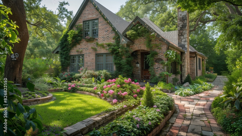: A charming brick suburban house with ivy climbing up the walls and a vibrant garden in full bloom. The front yard is shaded by a large oak tree, and a stone path winds its way to the front door. : A charming brick suburban house with ivy climbing up the walls and a vibrant garden in full bloom. The front yard is shaded by a large oak tree, and a stone path winds its way to the front door.