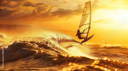 Child windsurfer in action, catching waves in sunset light photo