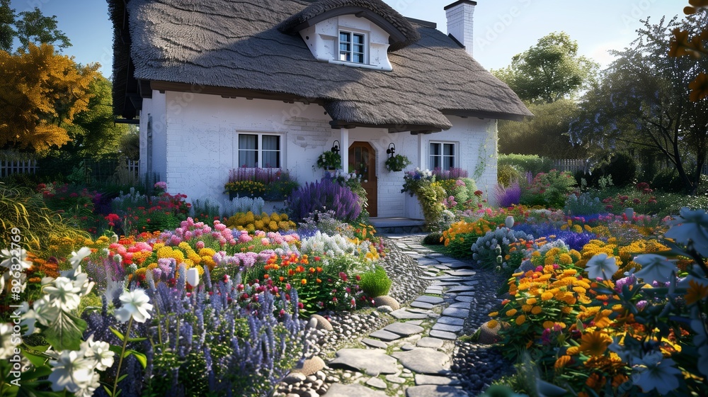 : A charming suburban cottage with a whitewashed exterior and a thatched roof. The front garden is overflowing with colorful flowers, and a stone pathway leads to the front door.