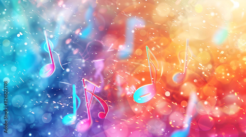 Abstract dark musical symbols with glowing notes musicology serenade on colourful background
 photo