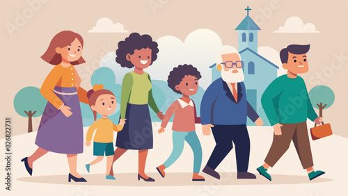 A group of extended family members chatting happily as they make their way towards the church for a special holiday service.. Vector illustration