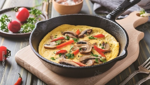 omelette with mushrooms and peppers in a cast iron skillet; cooking at home 