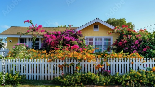 : A charming suburban home with a lush, manicured garden, blooming with vibrant flowers and a white picket fence. The house is painted a warm, inviting shade of yellow, and the sky is clear blue, 