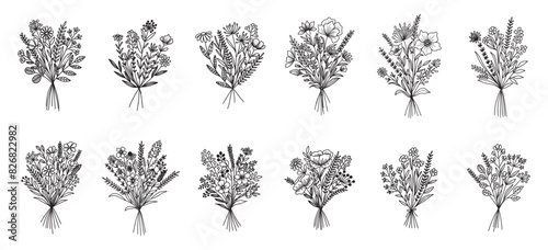 Set of flower bouquet vector. Hand drawn flower. Wildflower line art bouquets set, wild plant, botanical vector illustration
