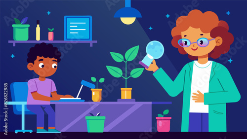 A virtual lab allows kids to explore the effects of different wavelengths of light on plant growth.. Vector illustration