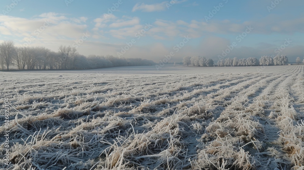 A barren field transformed into a winter wonderland with a blanket of sparkling hoar frost.