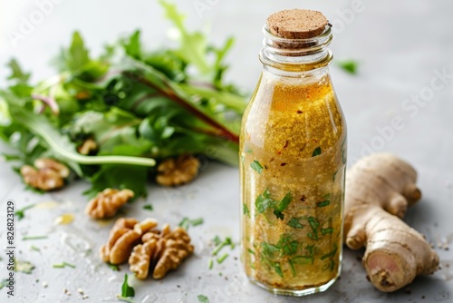 A bottle of salad dressing, fresh salad, and walnuts on a table